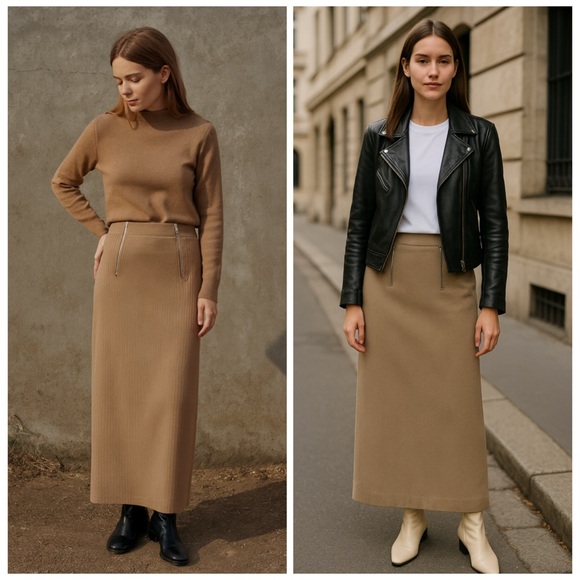 Zara Dresses & Skirts - ZARA Tan Ribbed Double Zip Midi Pencil Sweater Skirt Medium NWT